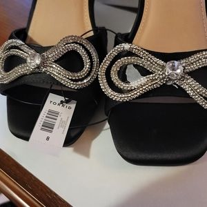 TORRID Black rhinestone bow mules 8WW heels